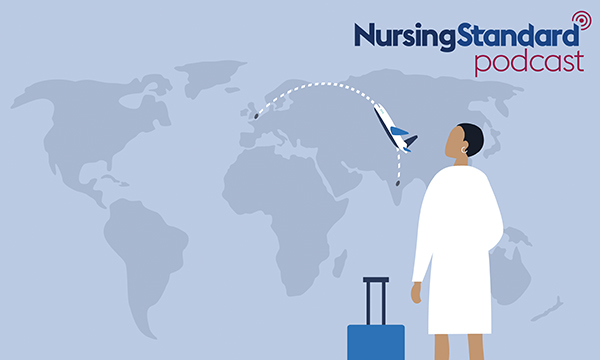 Illustration of a woman with luggage looking at a world map showing a plane against a route traced from India to the UK