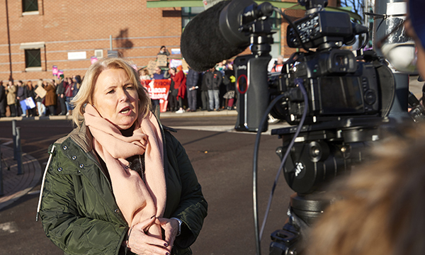 Pat Cullen talking to reporters during a strike at Leeds General Infirmary