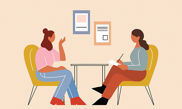 Illustration shows a research supervisor giving feedback to a nurse researcher who is taking notes