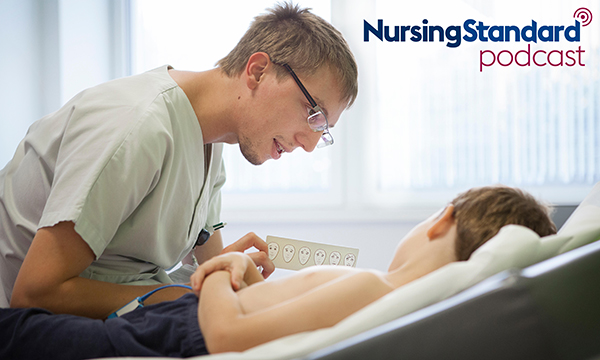 Essential pain management podcast: real-world examples include assessment of pain in children. Image shows a nurse asking a child to indicate their pain levels on a pain scale that shows facial expressions