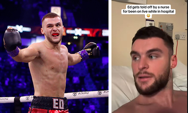 Boxer Ed Matthews after winning a middleweight fight in October 2023, and right: in hospital where he live-streamed on TikTok  