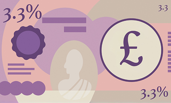 Illustration representing the 2026-27 pay award, showing the 3.3% figure and a pound sign on a bank note