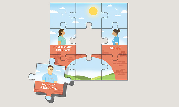 Illustration of a bridge presented as puzzle pieces, with healthcare assistant on one side, nurse on the other, and nursing associate the missing piece in the middle