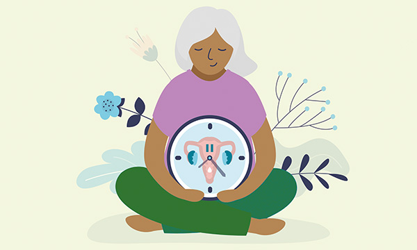Illustration shows a woman with grey hair sitting cross-legged with a circular gynaecological clock in her lap&nbsp;