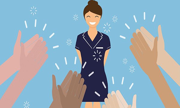 An illustration showing a smiling nurse in uniform standing in front of a crowd, represented by several sets of hands raised high and clapping