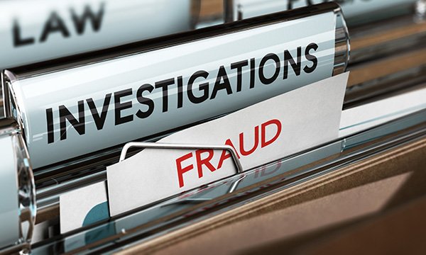 Picture of filing cabinet tabs with FRAUD in red letters and INVESTIGATIONS and LAW in black letters