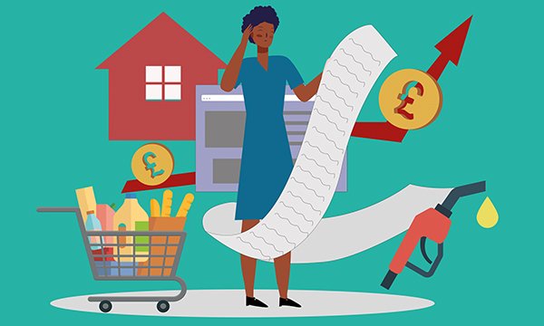 Nurses’ money management: illustration showing a nurse juggling household finances, with items associated with living costs, such as a shopping trolley, a bill and a petrol pump, in the background