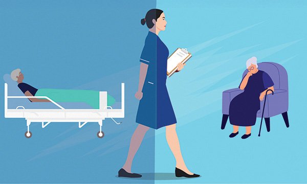 Illustration of nurse walking between hospital and home care settings