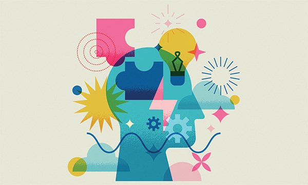 Illustration shows a head with symbols around it suggesting thoughts and ideas